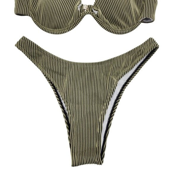 Striped Olive Green Womens Swimsuit Bikini Set Padded Top High-Cut Bottoms SZ M - Picture 5 of 5